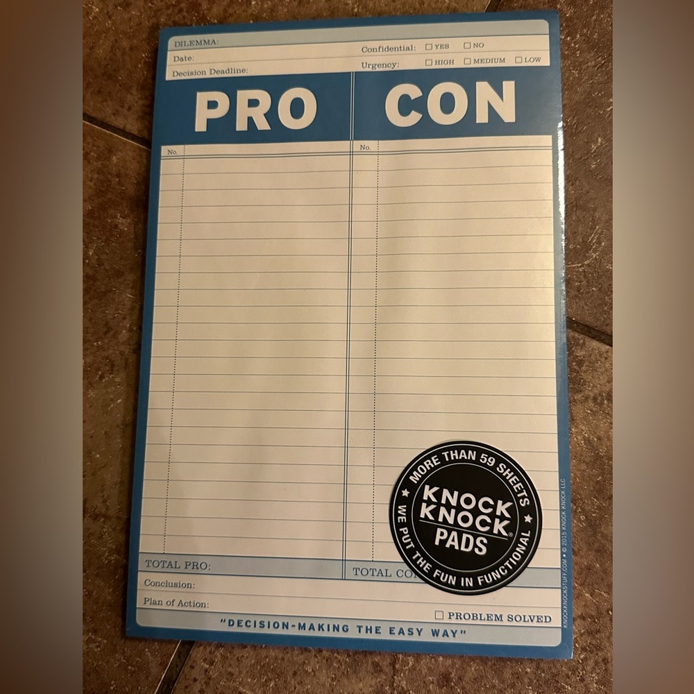 Pro Con note pad by knock knock stuff NIP